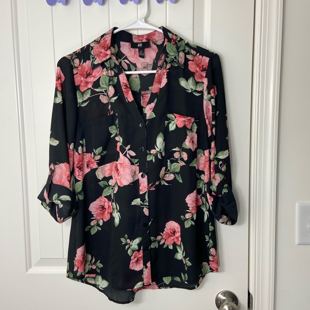 NWOT iZ Byer women’s black pink floral button front rolled sleeve sheer blouse M